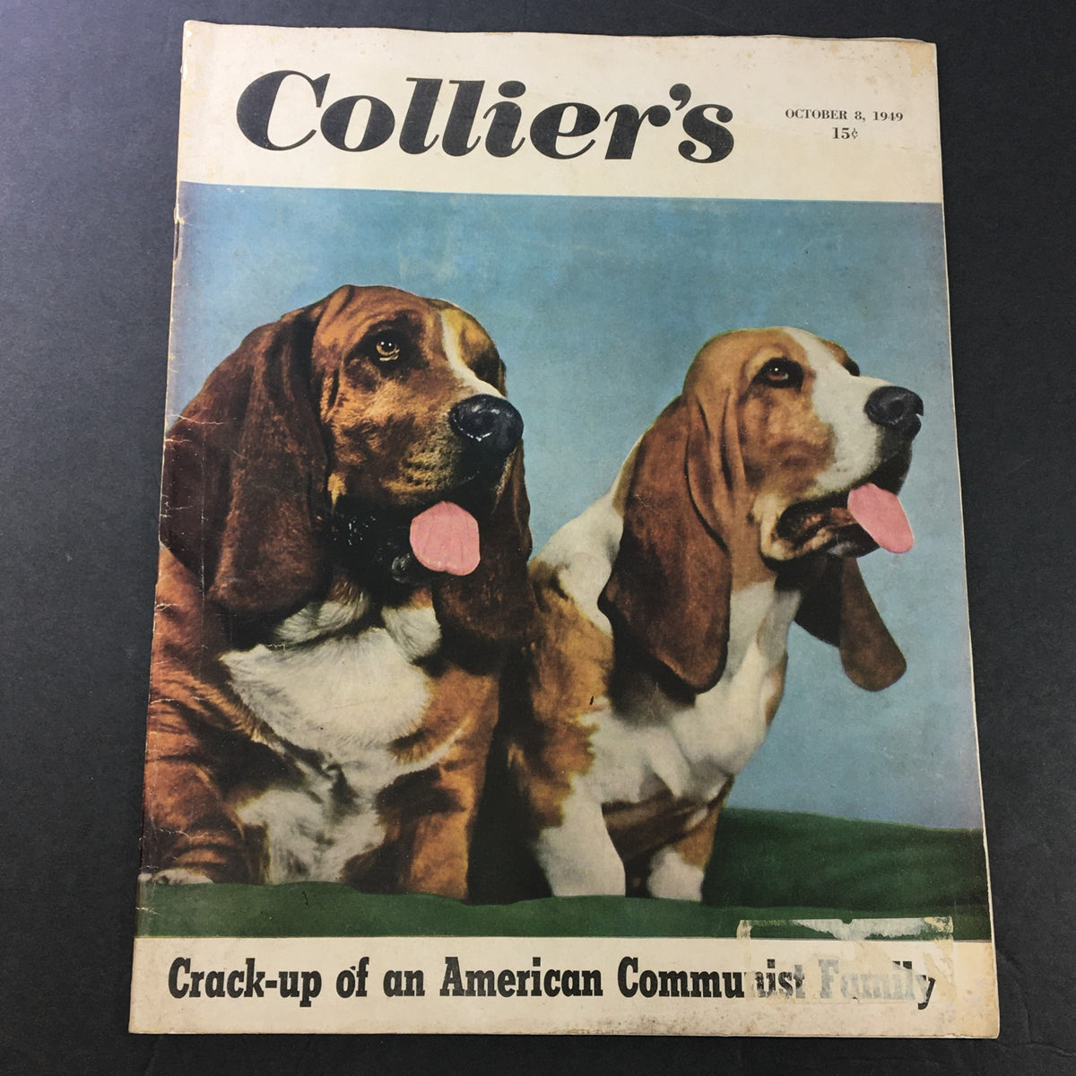 Cover of VTG Collier's Magazine from October 8, 1949, featuring two basset hounds and the headline 'Crack-up of an American Communist Family.'
