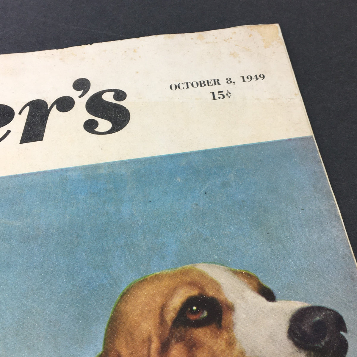 Close-up of the title and date on the cover of VTG Collier's Magazine, October 8, 1949, showcasing the publication's vintage design.