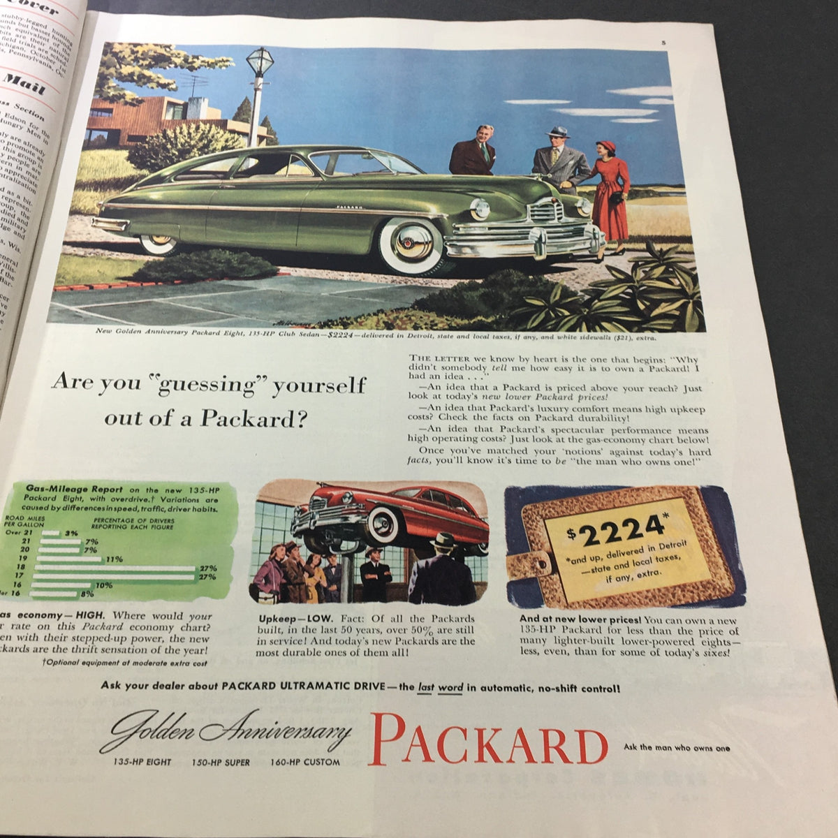 Vintage advertisement for the New Golden Anniversary Packard Eight car in Collier's Magazine, dated October 8, 1949, showcasing a classic car and its features.