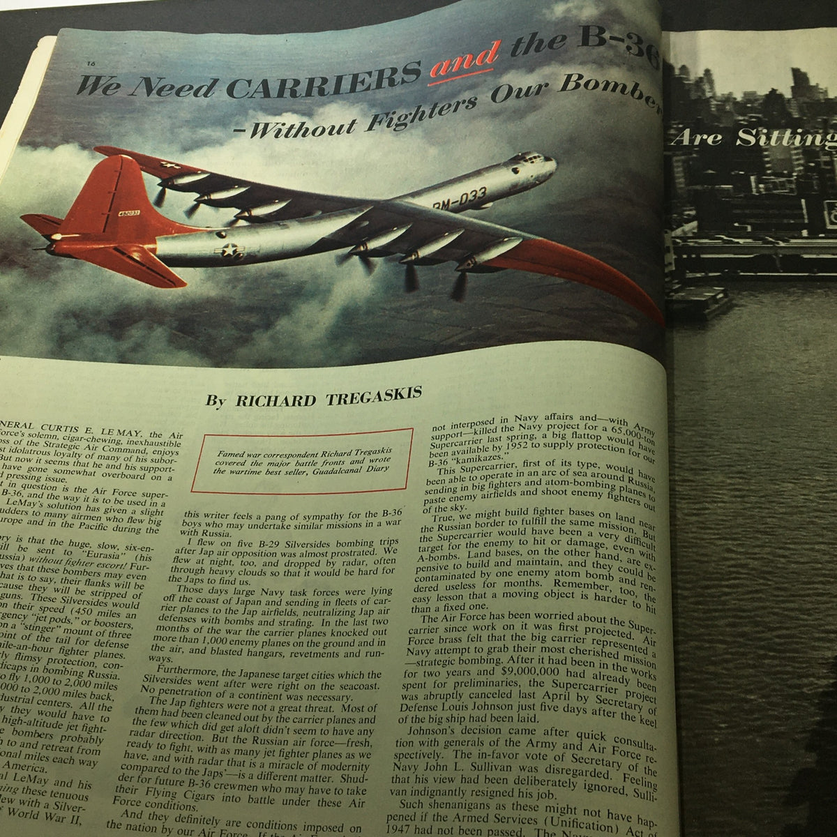 Article page from Collier's Magazine, October 8, 1949, titled 'We Need CARRIERS and the B-36 - Without Fighters Our Bombers Are Sitting Ducks,' highlighting military aviation.