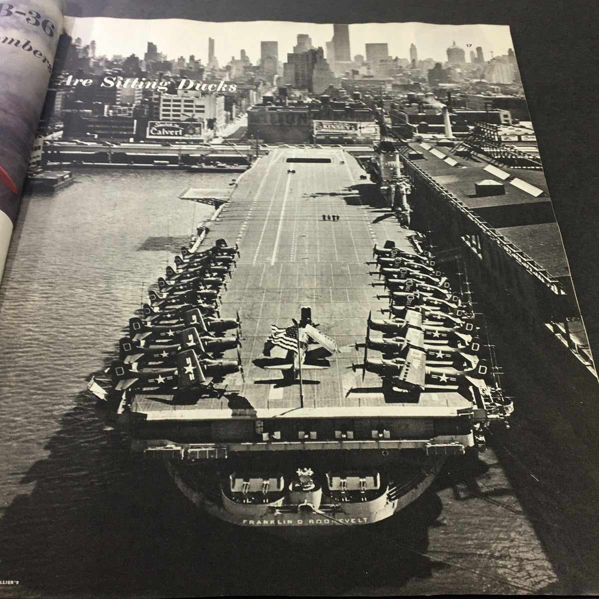 Photograph of the USS Franklin D. Roosevelt aircraft carrier from Collier's Magazine, October 8, 1949, featuring numerous fighter planes on deck.