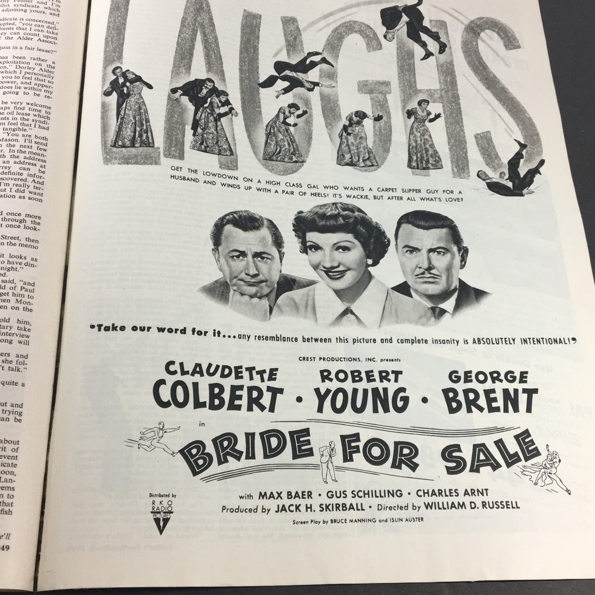 Page from Collier's Magazine October 8, 1949, showcasing a comedic advertisement for the film 'Bride for Sale' featuring Claudette Colbert and Robert Young.