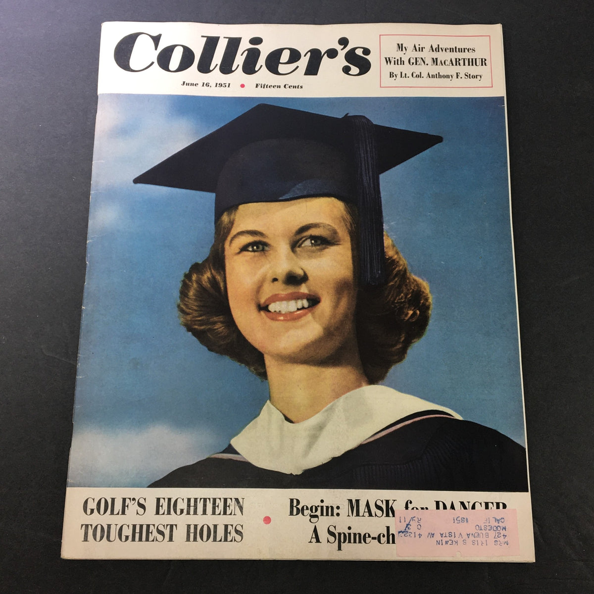 Vintage Collier's Magazine cover from June 16, 1951, featuring the title 'Golf's Eighteen Toughest Holes' and an image of a smiling graduate wearing a cap and gown. This collectible issue includes articles on golf challenges and mask dancing.