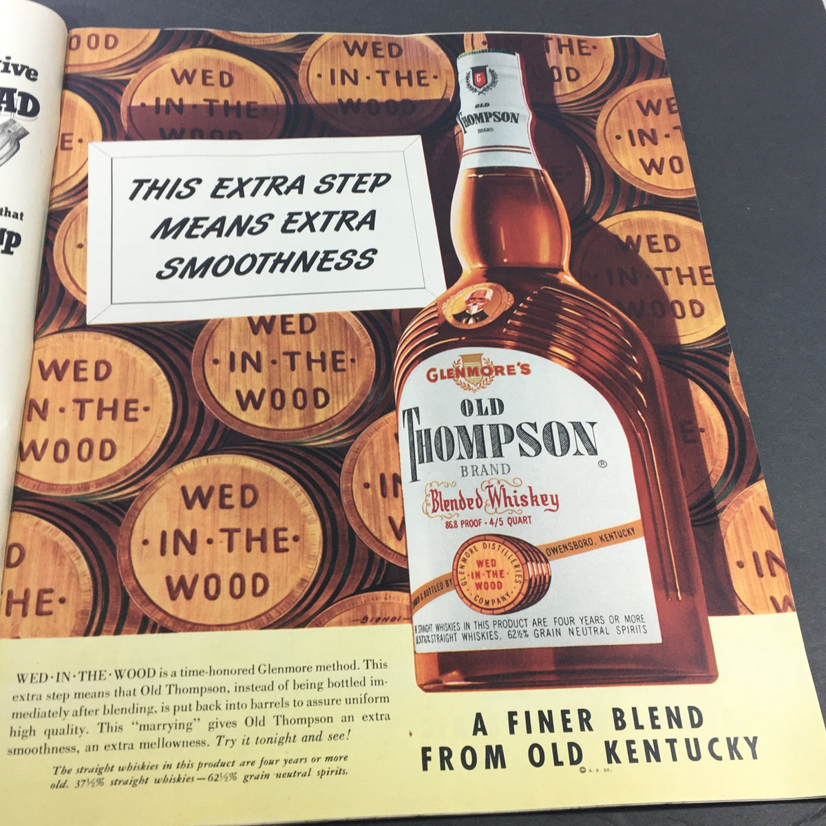 Advertisement from VTG Collier's Magazine June 16, 1951 featuring Glenmore's Old Thompson whiskey emphasizing smoothness, showcasing retro branding.