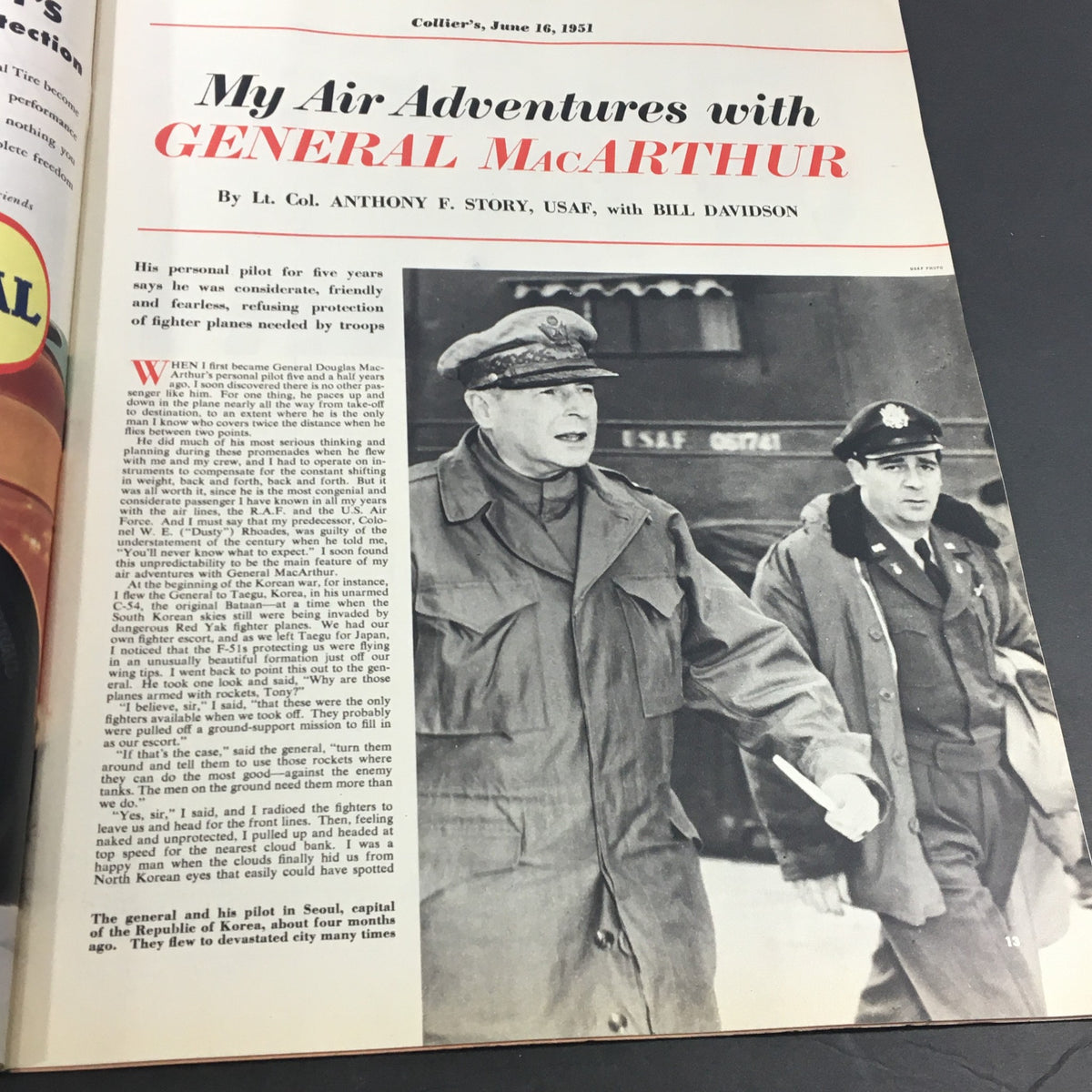 Feature article from VTG Collier's Magazine June 16, 1951 titled 'My Air Adventures with General MacArthur', highlighting historical content.