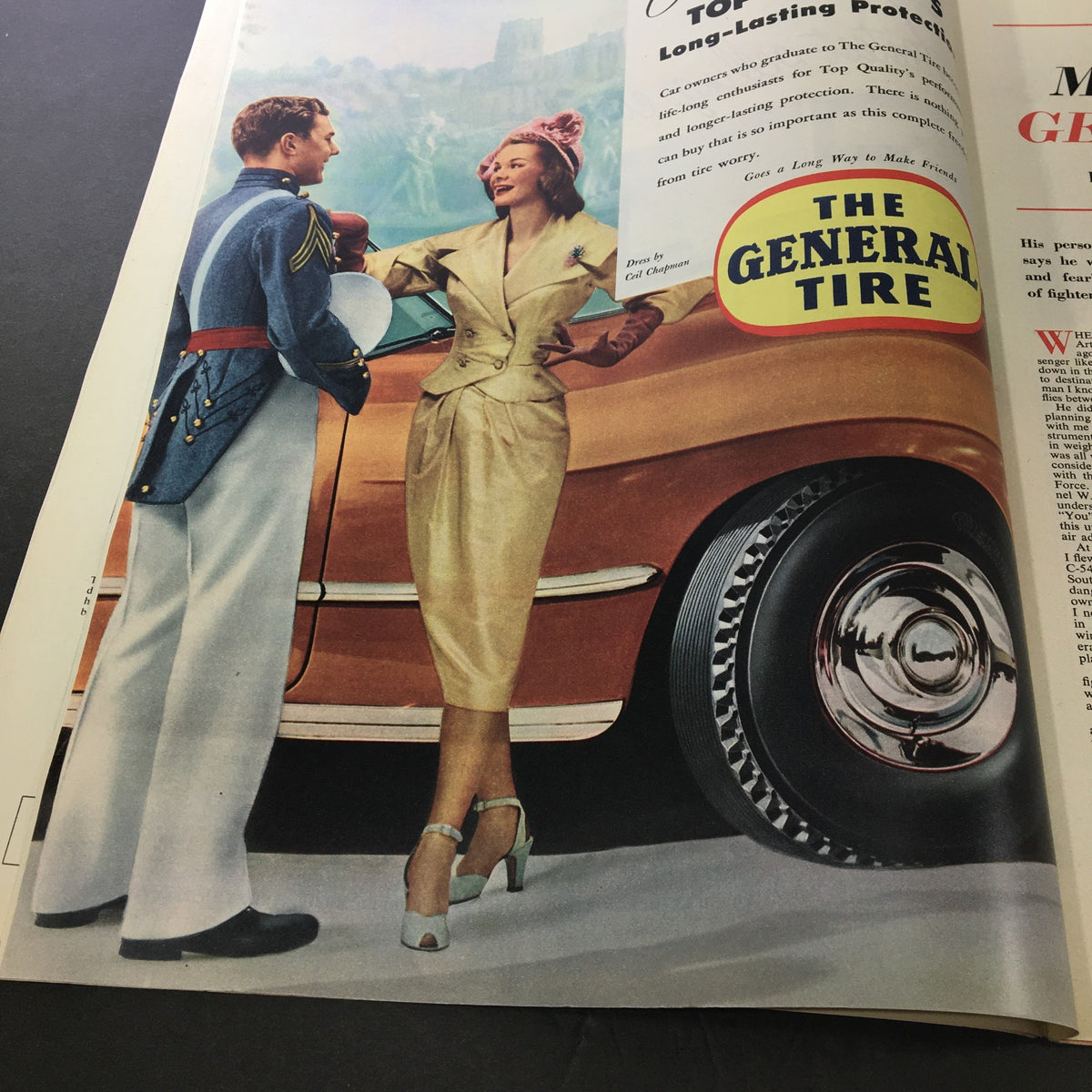 Advertisement in VTG Collier's Magazine June 16, 1951 for General Tire, featuring a stylish couple next to a vintage car illustrating classic automotive promotion.