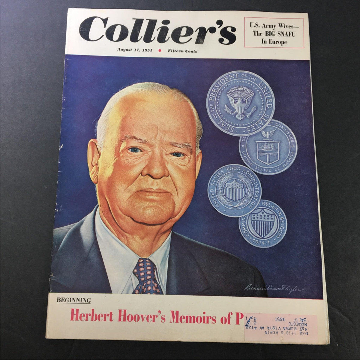 Cover of VTG Collier's Magazine August 11 1951 featuring a portrait of Herbert Hoover with the headline 'Herbert Hoover's Memoirs of Public Life'.