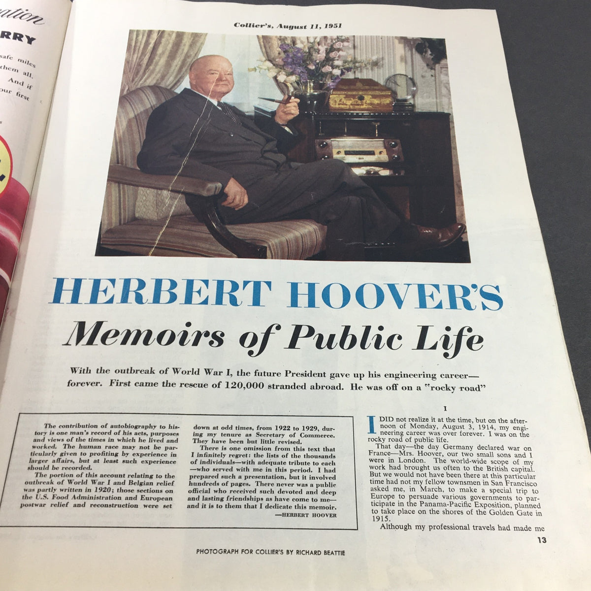 Page featuring 'Herbert Hoover's Memoirs of Public Life' from VTG Collier's Magazine August 11 1951.