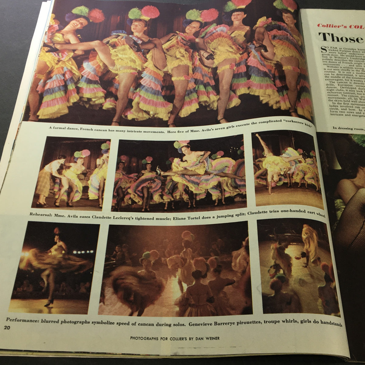 VTG Collier's Magazine August 11 1951, featuring a vibrant performance of the French cancan by dancers in colorful costumes, showcasing intricate movements and theatrical elements.