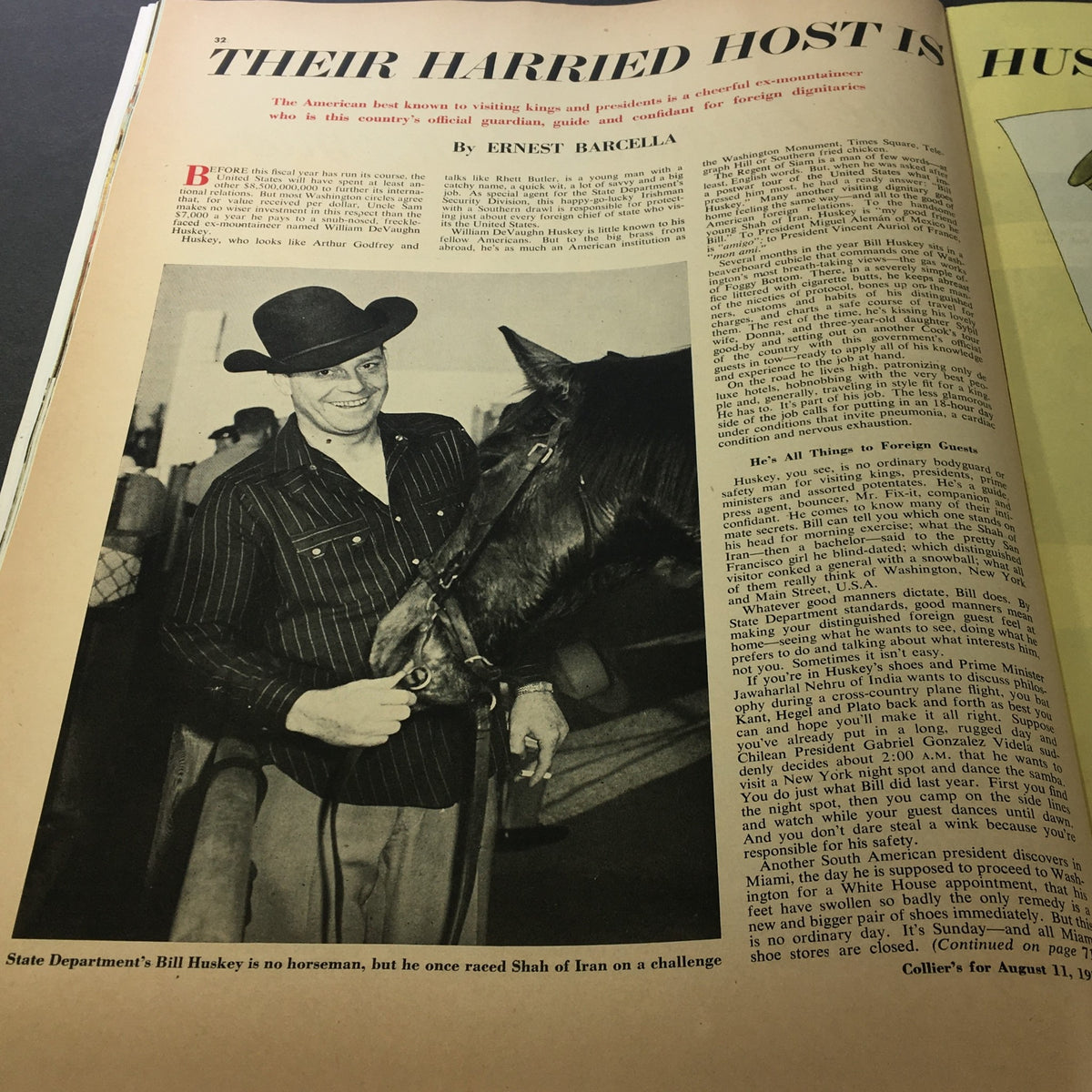 VTG Collier's Magazine August 11 1951, an article featuring Bill Huskey from the State Department with a horse, discussing his unique role as a host for foreign dignitaries.