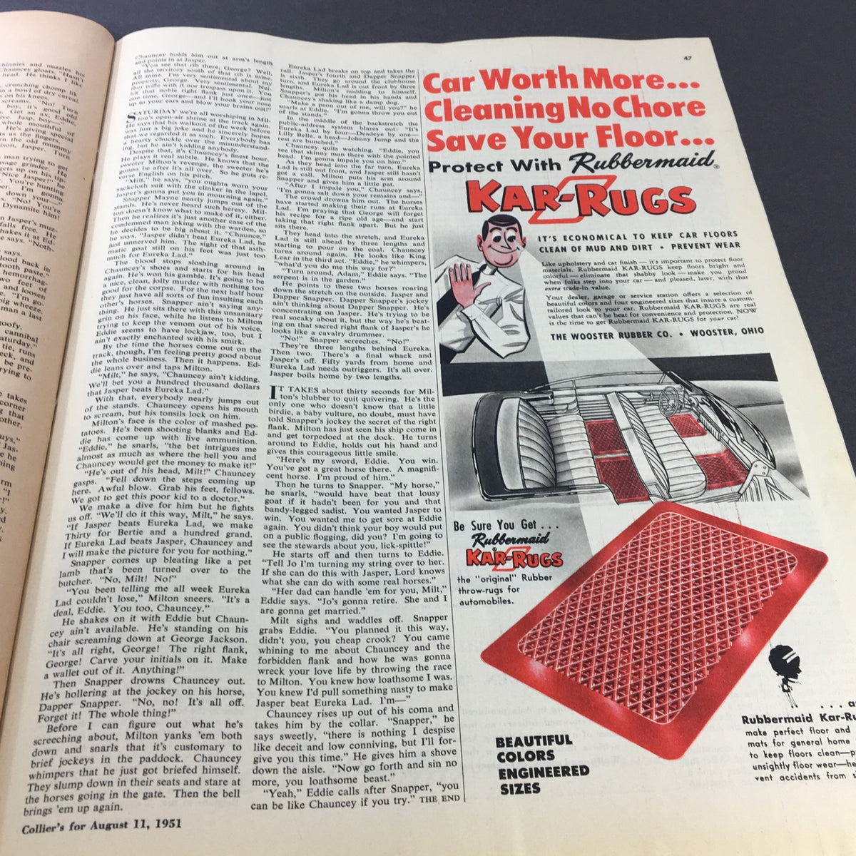 VTG Collier's Magazine August 11 1951, an advertisement for Rubbermaid Kar-Rugs, promoting practical products for maintaining vehicle cleanliness.