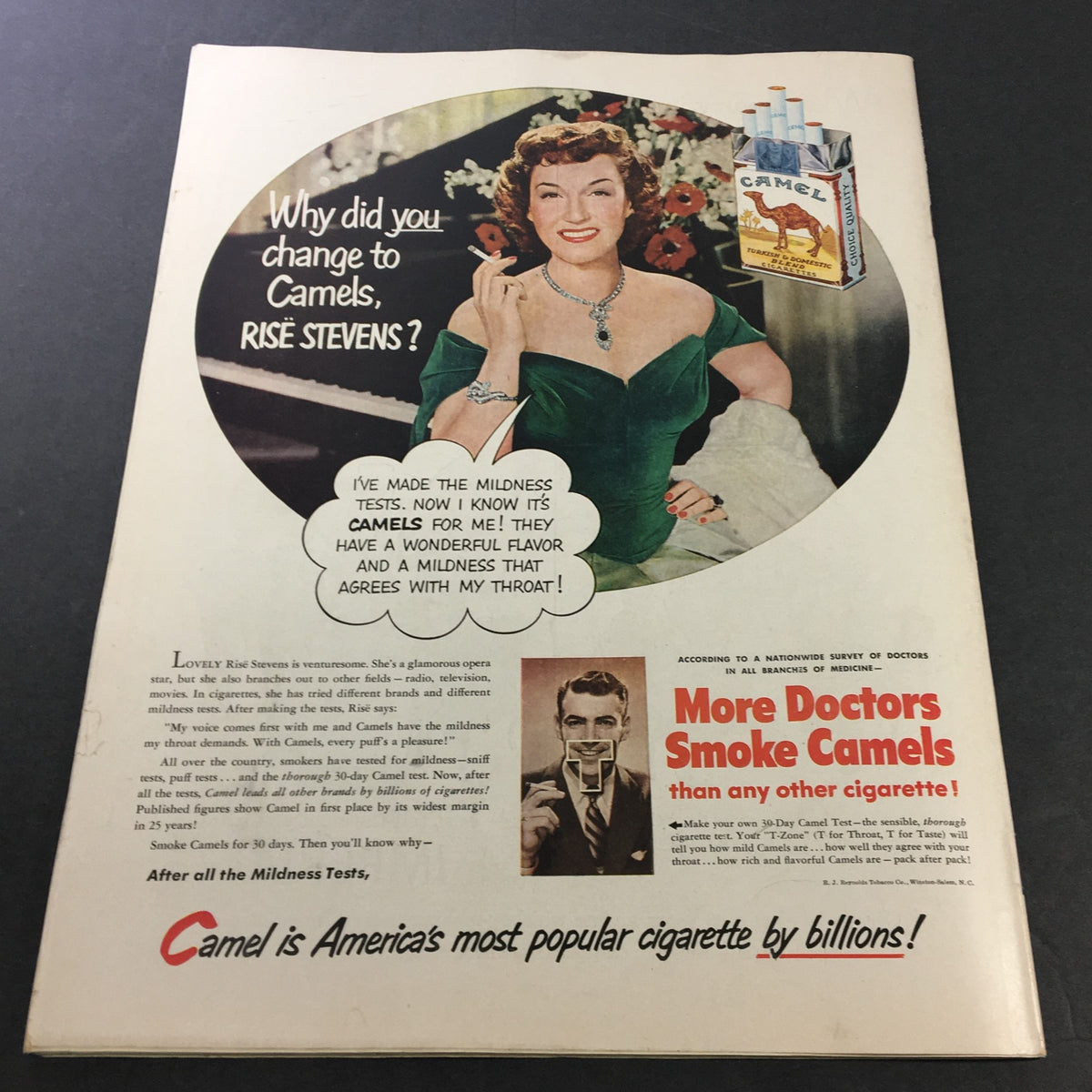 Vintage advertisement featuring Risé Stevens endorsing Camel cigarettes, from VTG Collier's Magazine August 11 1951. The ad highlights the flavor and quality of Camel cigarettes with a charming design and promotional text.