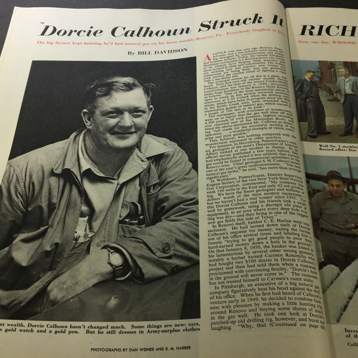 Article page featuring Dorcie Calhoun in VTG Collier's Magazine dated January 13, 1951, titled 'Dorcie Calhoun Struck It Rich', discussing a farmer's discovery of natural gas.