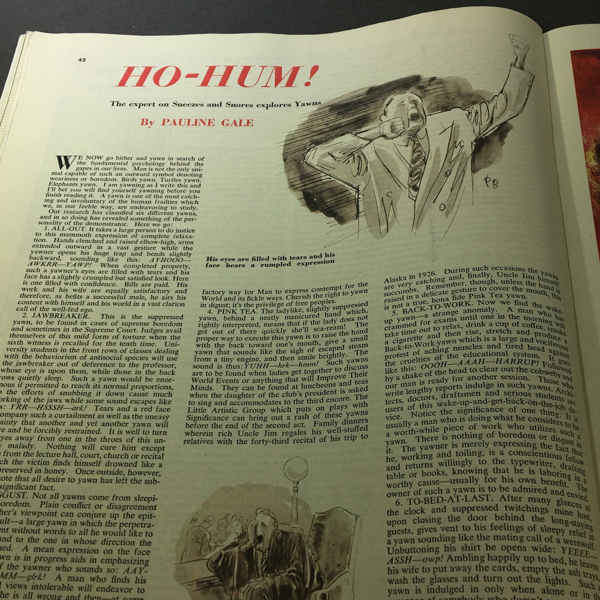 Collier's Magazine January 13 1951 presents an article titled 'HO-HUM!' by Pauline Gale, discussing yawns and their psychological impact, illustrated with a humorous drawing.