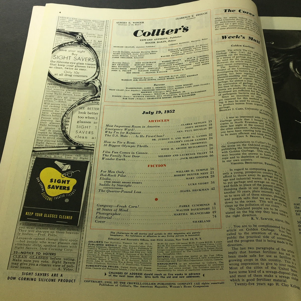 Inside page of VTG Collier's Magazine July 19 1952 featuring a table of contents with articles and ads, illustrating the magazine's historical context.