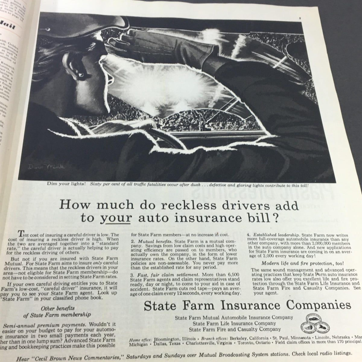 Illustration in VTG Collier's Magazine July 19, 1952 showcasing a driver warning others on the road about night driving safety related to auto insurance.