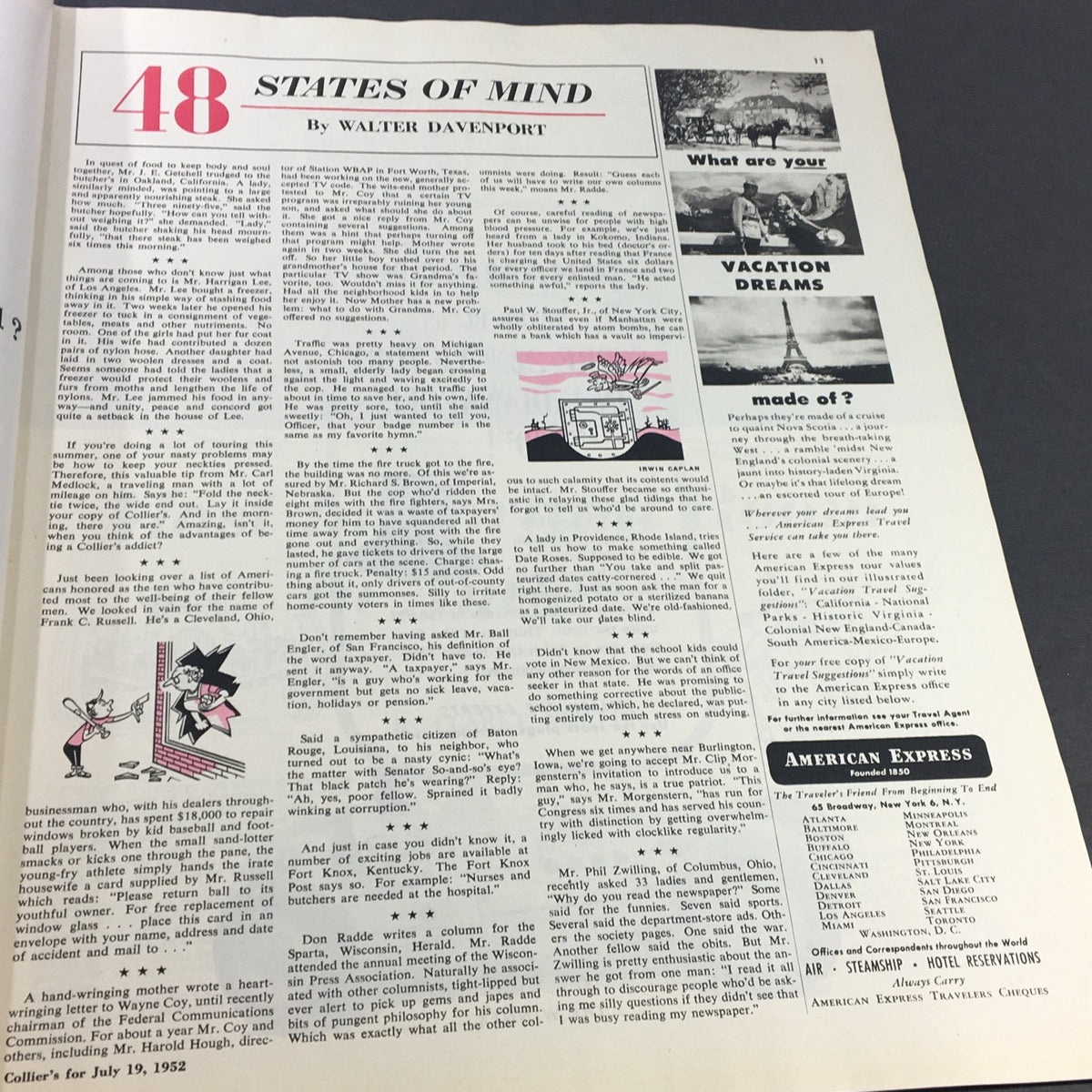 Article titled '48 States of Mind' by Walter Davenport, featured in VTG Collier's Magazine July 19, 1952, exploring American attitudes toward travel.