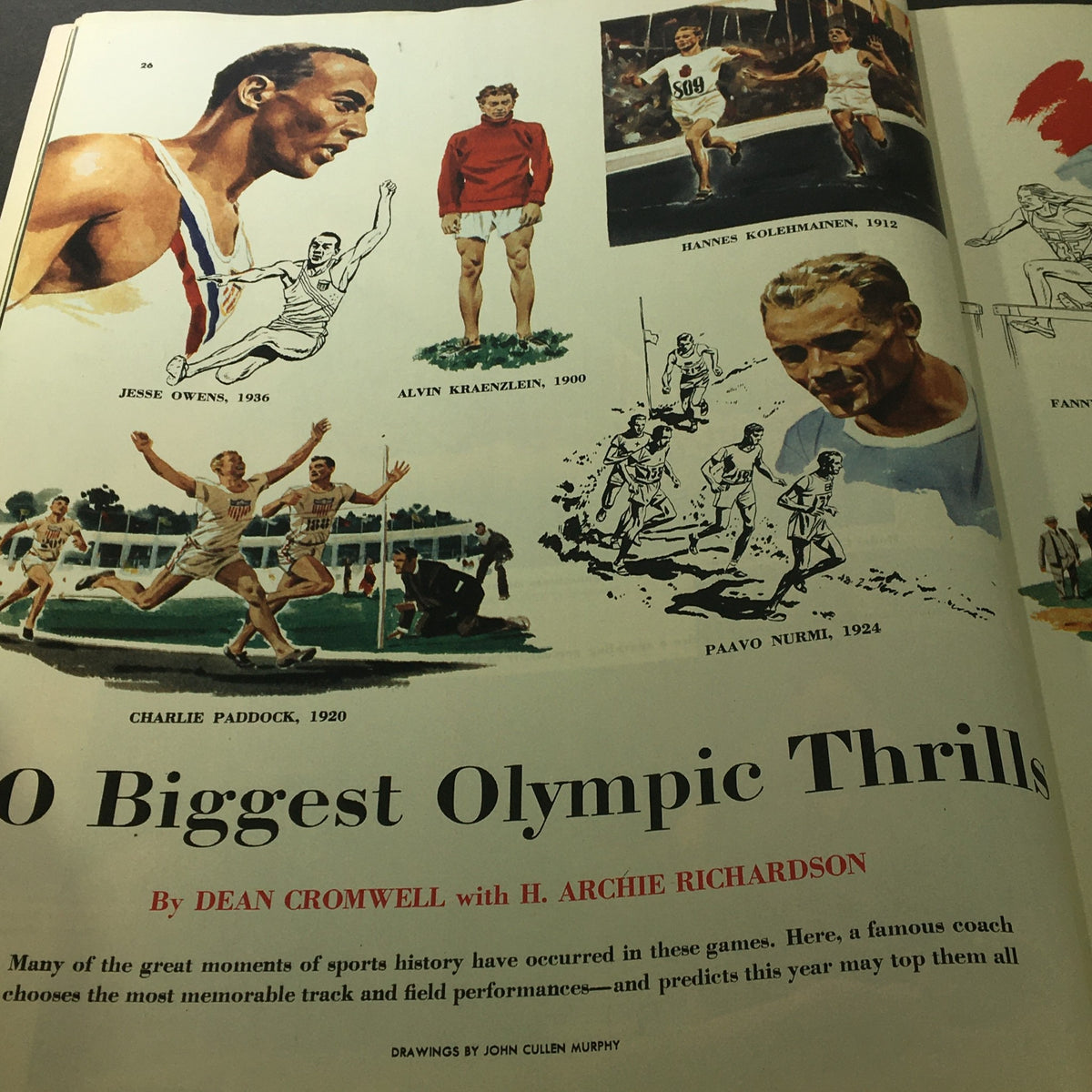Feature in VTG Collier's Magazine July 19, 1952 on '10 Biggest Olympic Thrills' highlighting memorable moments in sports history with illustrated portraits of Olympians.