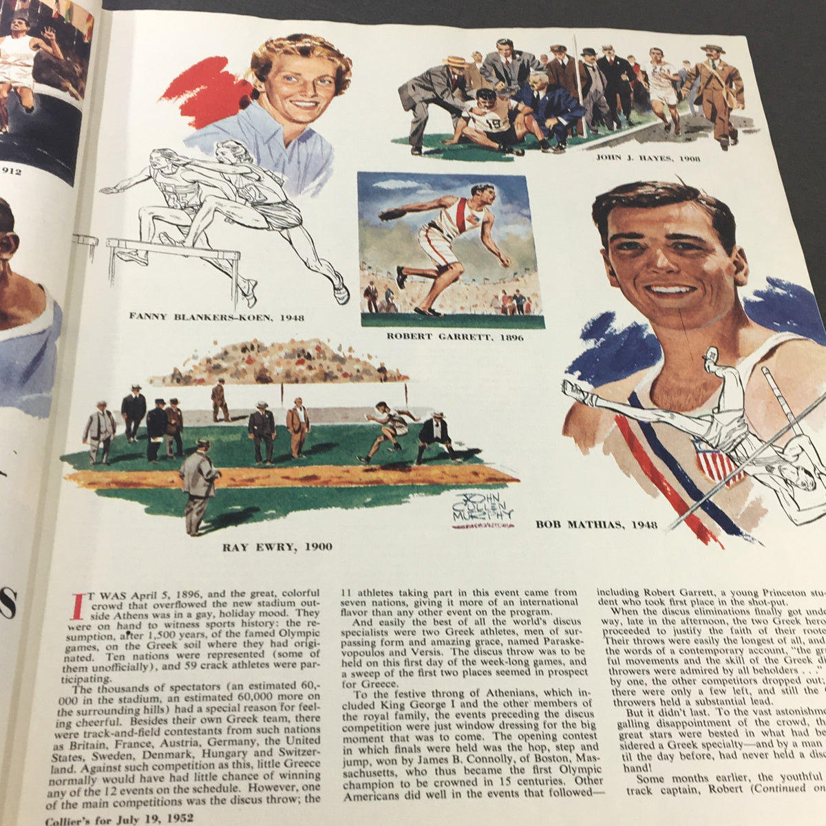 Illustrations and photographs of famous athletes featured in VTG Collier's Magazine July 19, 1952, showcasing the theme 'The Most Important Rooms in America.'