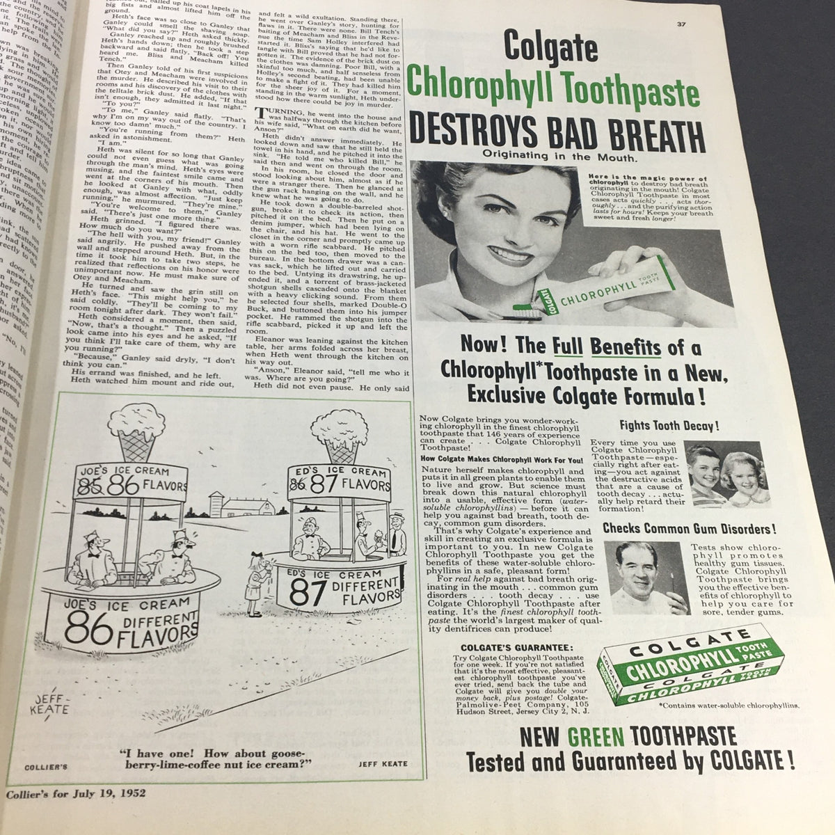 Vintage advertisement for Colgate Chlorophyll Toothpaste featured in VTG Collier's Magazine July 19, 1952, promoting dental care benefits.