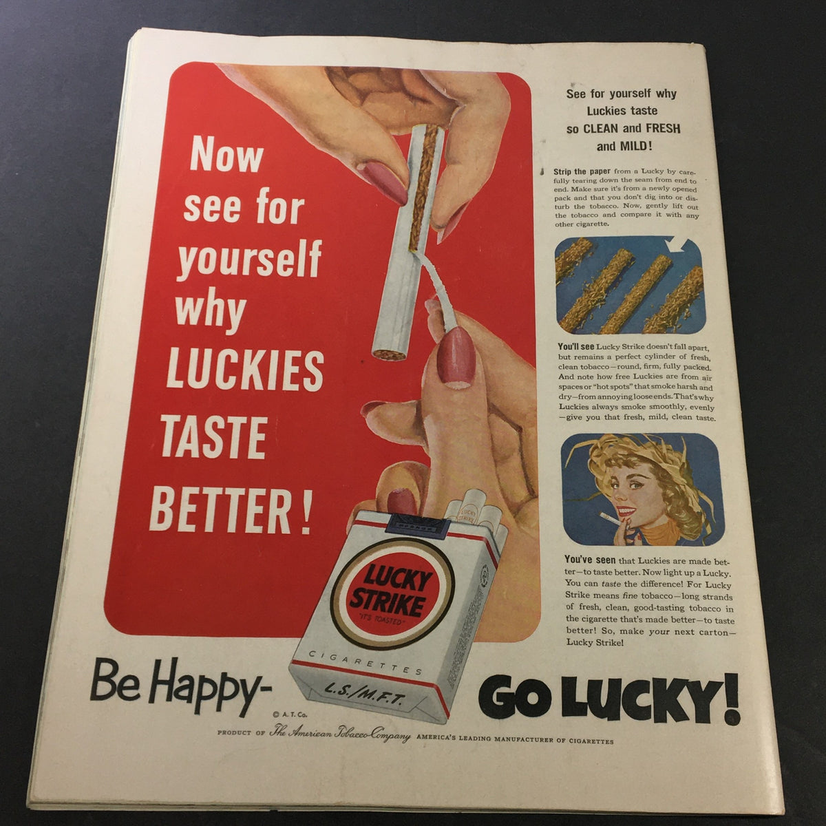 Advertising page for Lucky Strike cigarettes in VTG Collier's Magazine July 19, 1952, emphasizing the fresh and mild taste of the product.