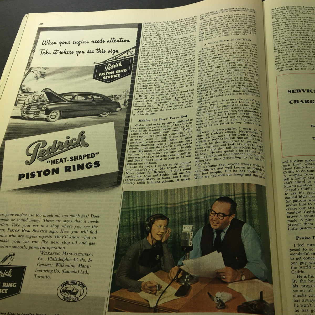Page from VTG Collier's Magazine March 29 1952 featuring an advertisement for Pedrick Piston Rings alongside an article about making the boys' faces red. The magazine showcases vintage graphic design elements and content related to automobile care.