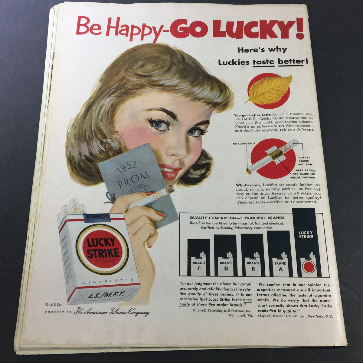 Page from VTG Collier's Magazine March 29 1952 featuring an advertisement for Lucky Strike cigarettes alongside a woman holding a prom invitation. The design reflects the vintage aesthetics of the 1950s advertising campaigns.