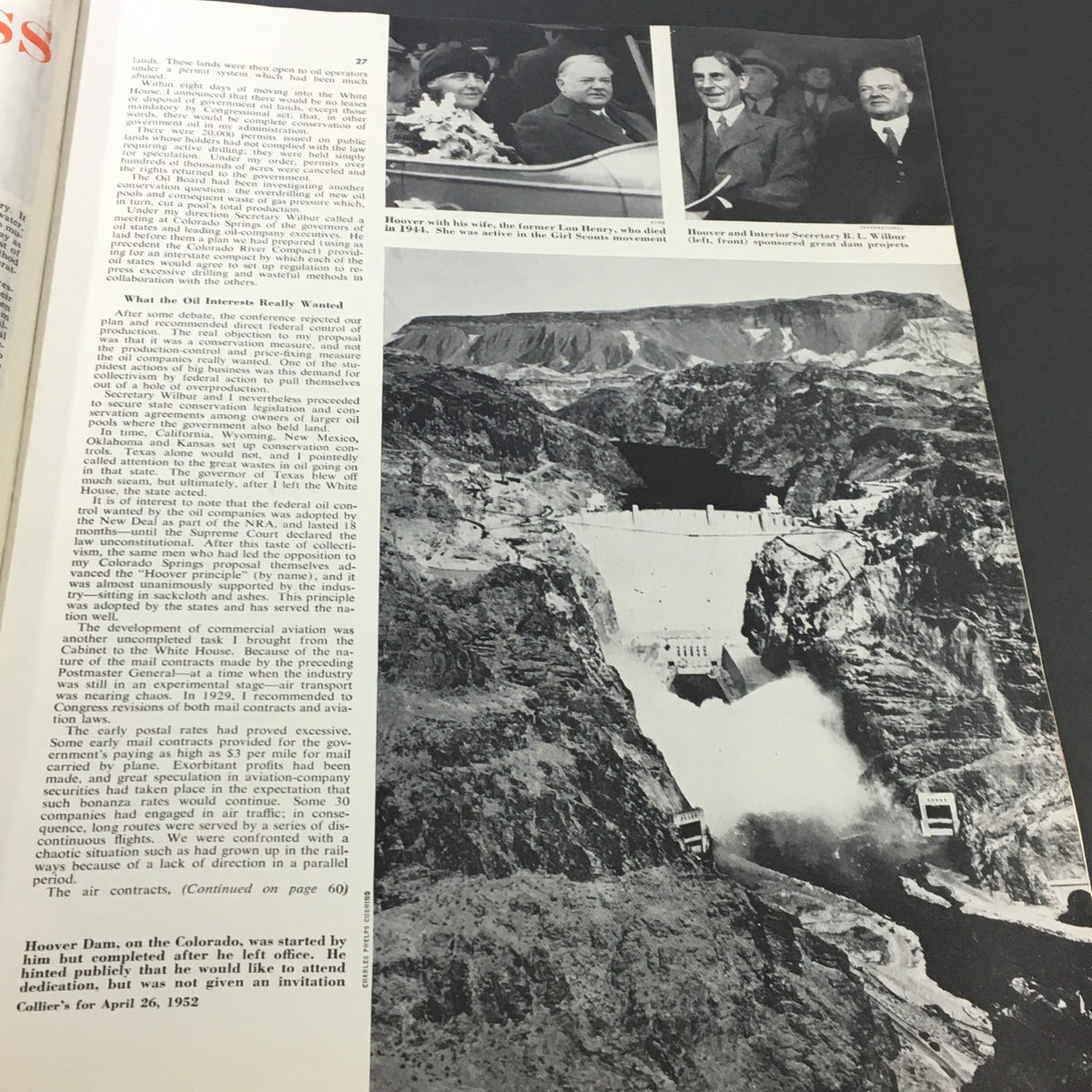 Image from VTG Collier's Magazine April 26 1952 showing a photograph of Hoover Dam and historical figures discussing oil interests.