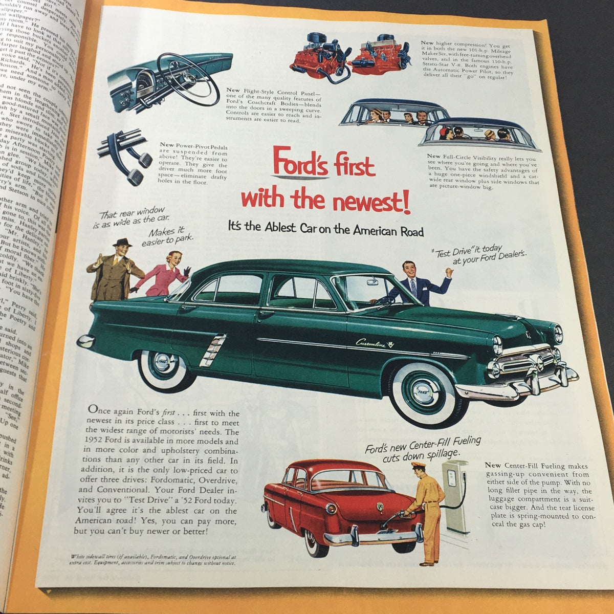 Vintage advertisement from VTG Collier's Magazine April 26 1952 featuring the Ford car with details about its new features.