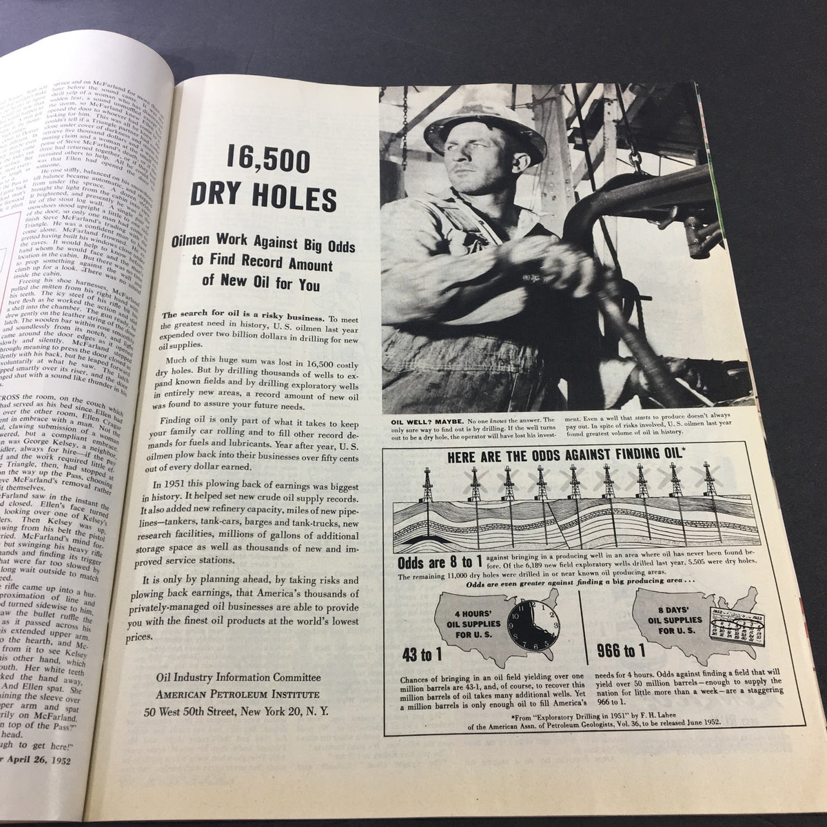 Illustration and article from VTG Collier's Magazine April 26 1952 addressing oil drilling challenges with a focus on the efforts of oilmen.