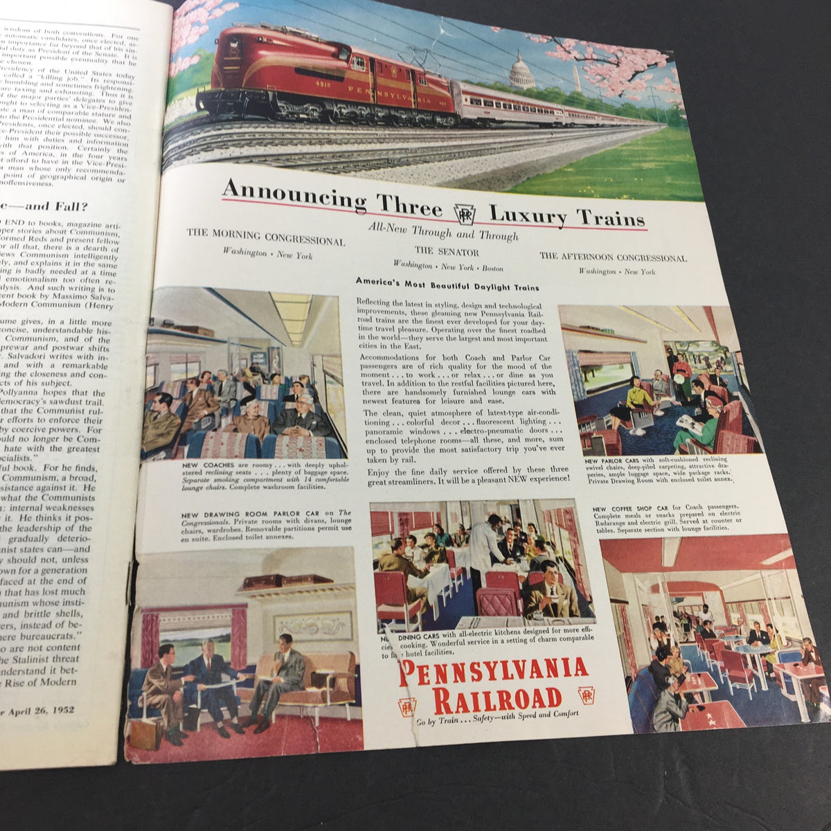 Colorful advertisement from VTG Collier's Magazine April 26 1952 promoting luxury trains by Pennsylvania Railroad with illustrated interiors.