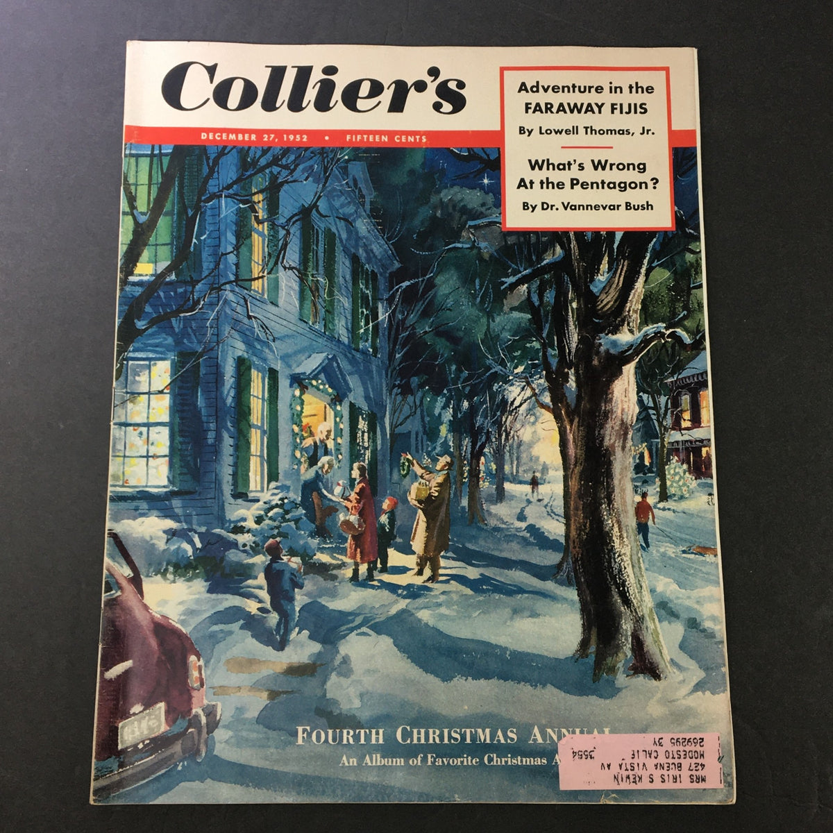 VTG Collier's Magazine December 27 1952 cover featuring a winter scene with a family decorating a house for Christmas and children playing in the snow, showcasing an Album of Favorite Christmas Art. Perfect for collectors and vintage enthusiasts.