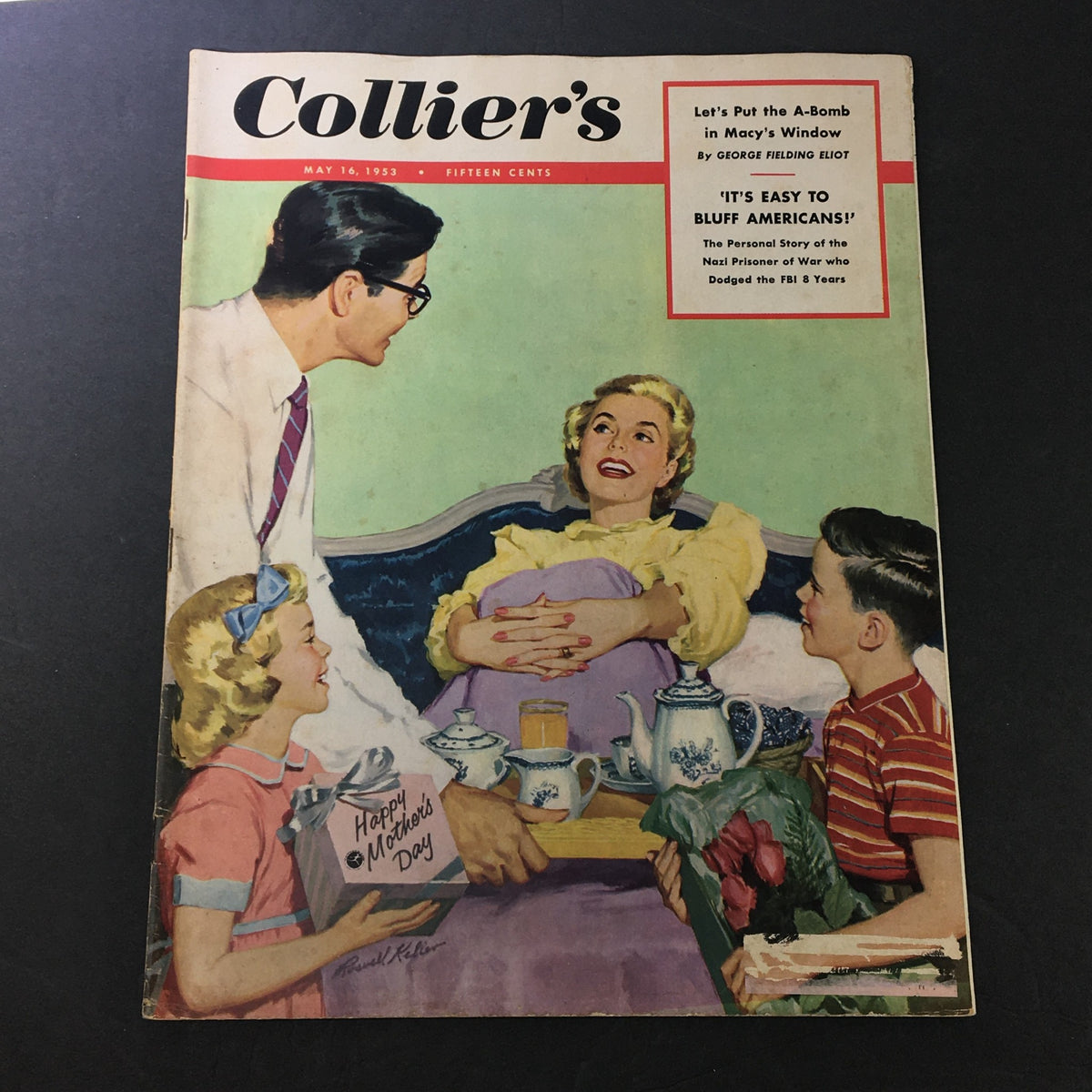 Cover of the vintage Collier's Magazine from May 16, 1953, featuring the title 'Let's Put the A-Bomb in Macy's Window' along with illustrations of a family celebrating Mother's Day.