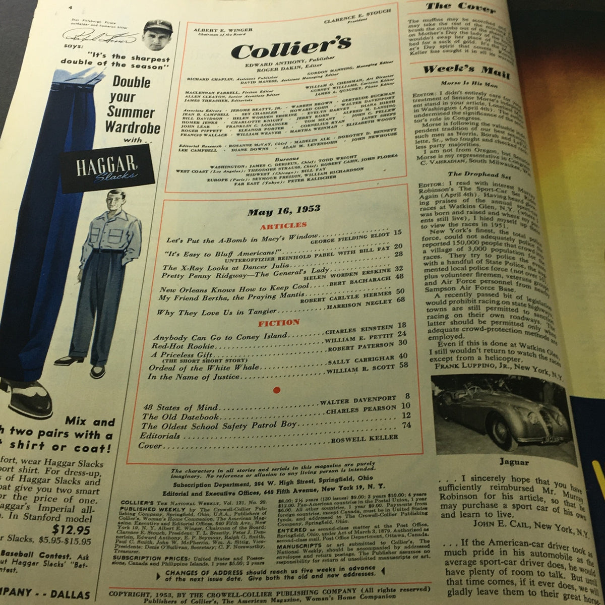 Interior page from the Collier's Magazine, May 16, 1953, listing articles including 'Let's Put the A-Bomb in Macy's Window' and additional features of the issue.