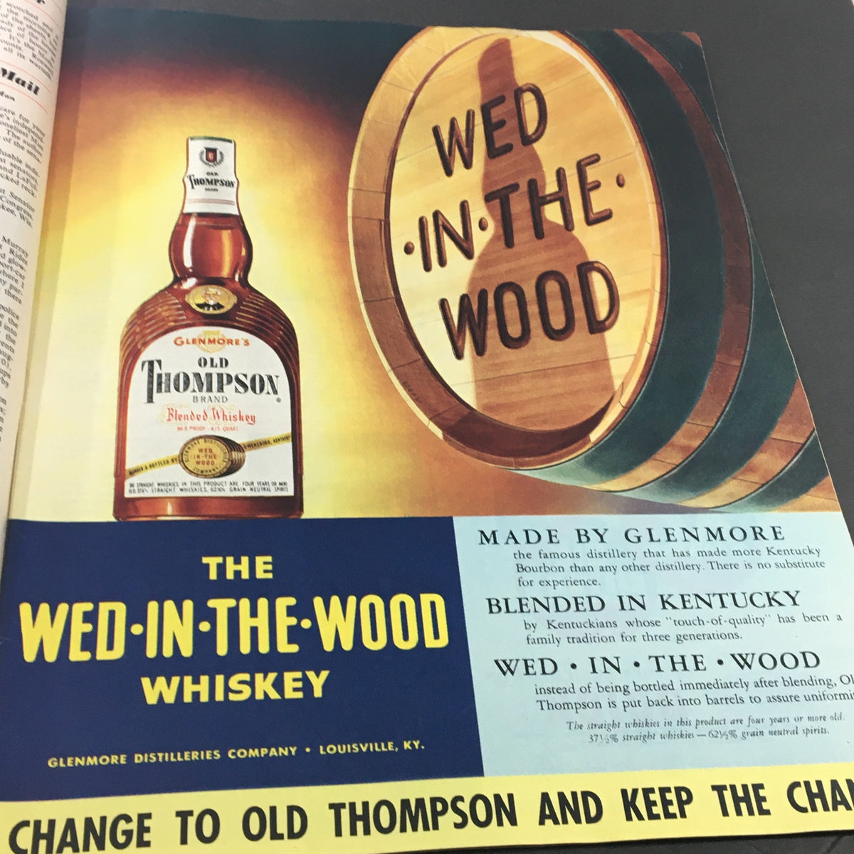 Vintage advertisement for Glenmore's Old Thompson blended whiskey from Collier's Magazine May 16 1953, showcasing the product and branding 'Wed-In-The-Wood'.