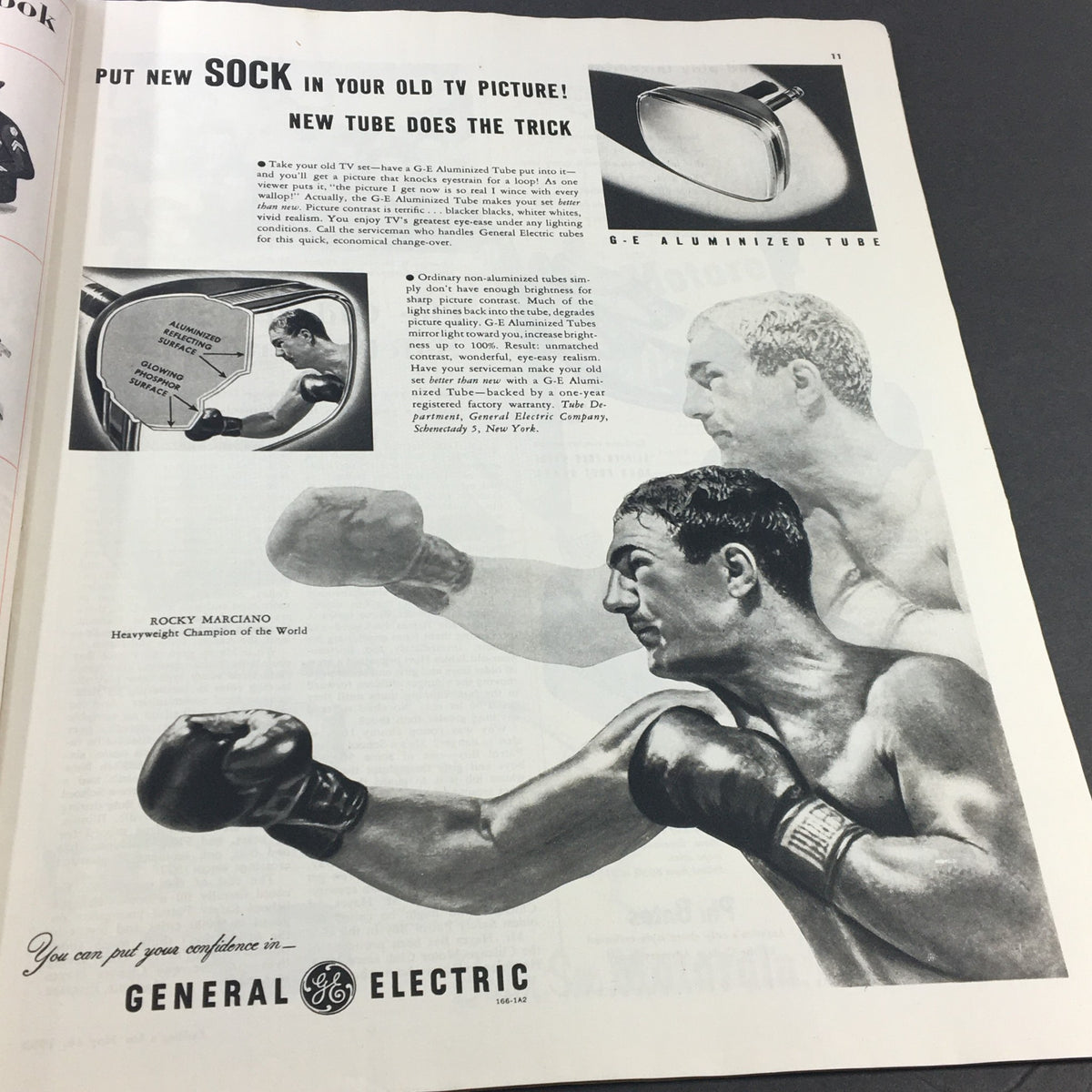 Vintage advertisement featuring heavyweight champion Rocky Marciano in a General Electric tube promotion from Collier's Magazine May 16 1953.