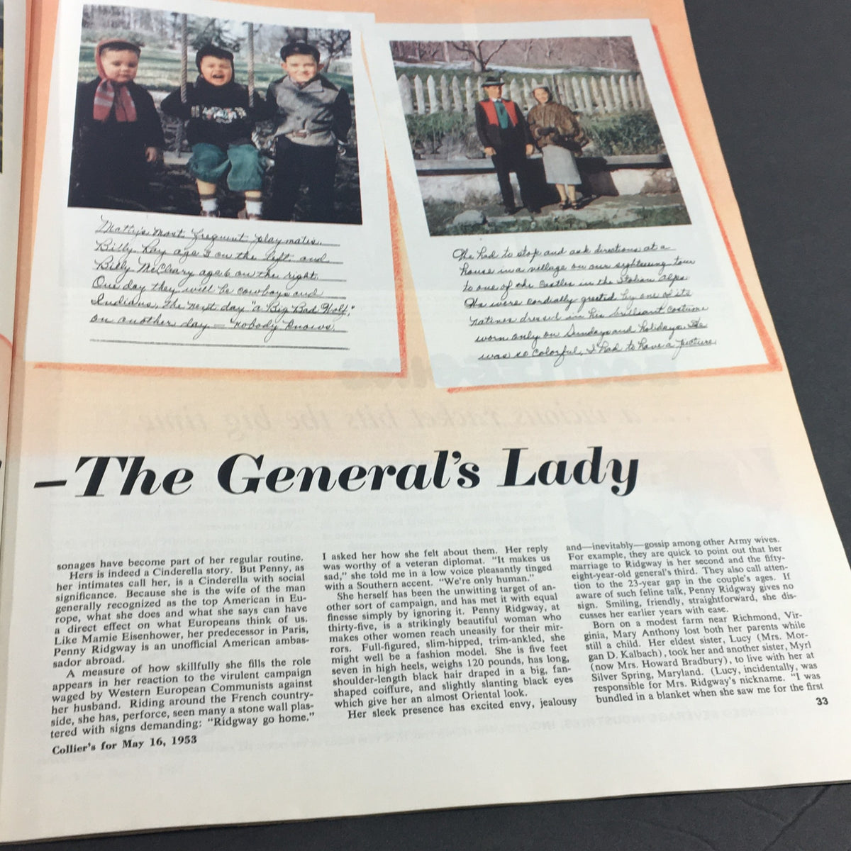 Feature article titled 'The General's Lady' with photographs and handwritten notes from Collier's Magazine May 16 1953.