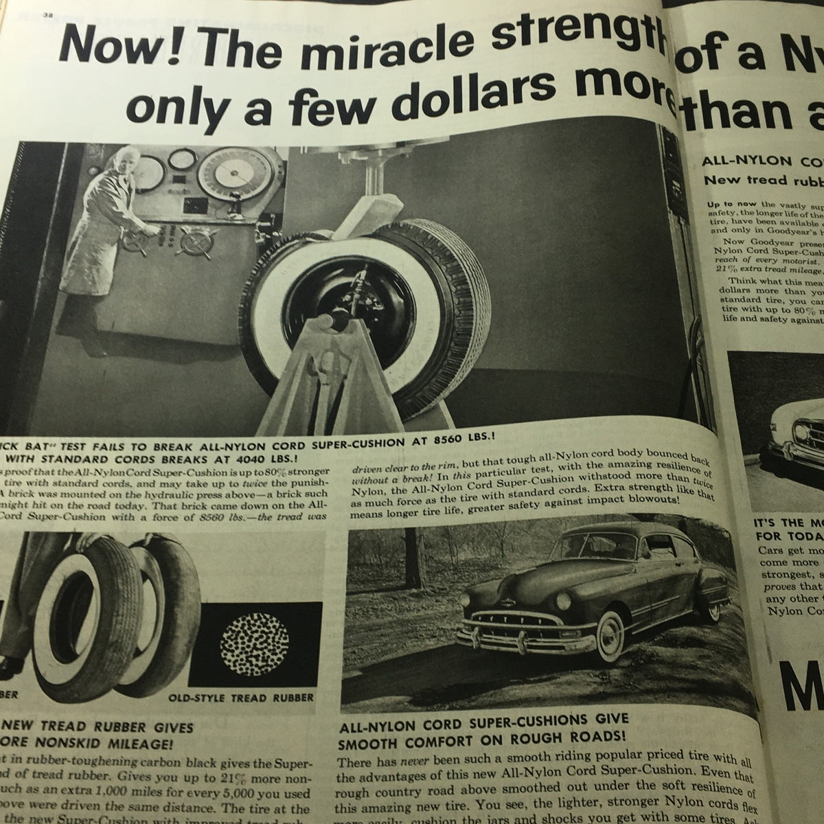 Vintage Collier's Magazine May 16 1953 advertisement for All-Nylon Cord Super-Cushion tires, showcasing a test of tire strength and featuring a graphic of the tires with a car in the background.