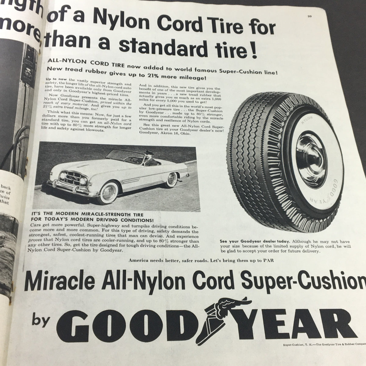 Vintage Collier's Magazine May 16 1953 advertisement for All-Nylon Cord tires from Goodyear, highlighting improvements in tire design and performance with a stylish car image.