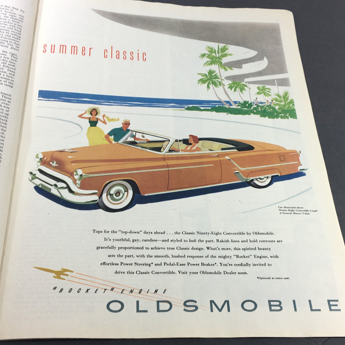 Vintage Collier's Magazine May 16 1953 ad for Oldsmobile featuring a colorful illustration of a convertible car on a beach, promoting the Classic Ninety-Eight Convertible.