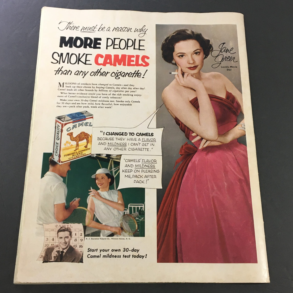 Vintage Collier's Magazine May 16 1953 Camel cigarettes advertisement featuring actress Jane Greer, promoting Camel's flavor and mildness.