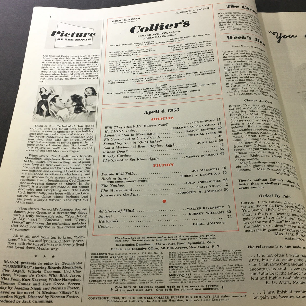 Contents page of VTG Collier's Magazine April 4, 1953, listing articles including 'Riddle of the Loneliest Man in Washington' with an emphasis on vintage literature.