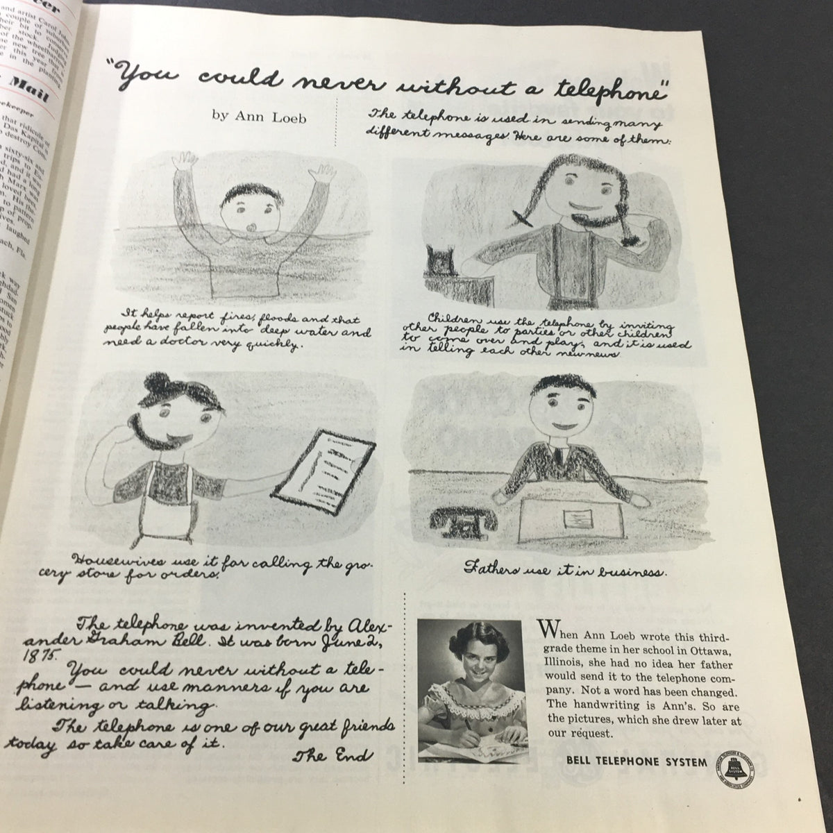 Illustration from the article 'You could never without a telephone' in VTG Collier's Magazine April 4, 1953, depicting the importance of telecommunication with charming sketches.