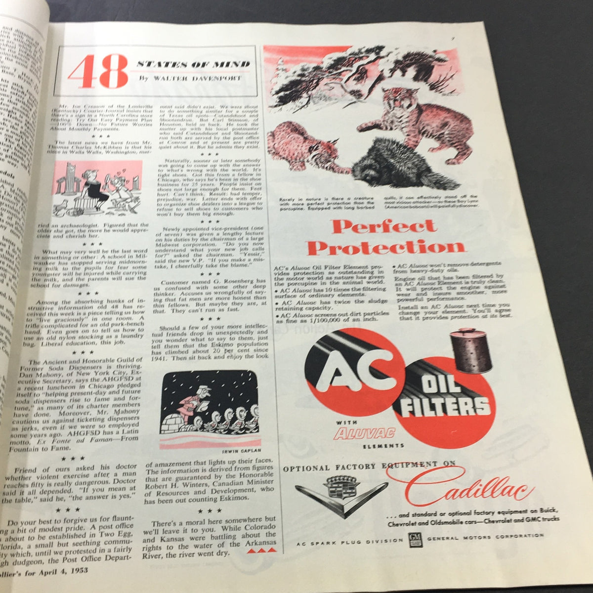Article page from VTG Collier's Magazine April 4, 1953, discussing '48 States of Mind' featuring illustrations and advertisements reflective of 1950s American culture.