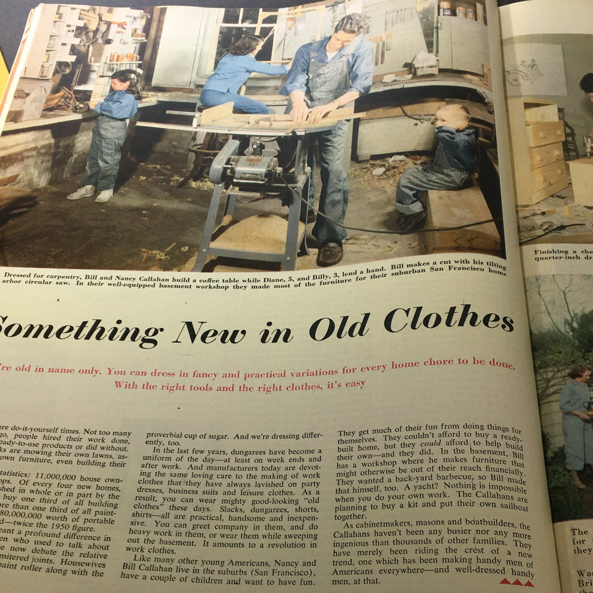 Family working on a woodworking project in a basement workshop in VTG Collier's Magazine April 4, 1953, highlighting the concept of DIY home improvements.