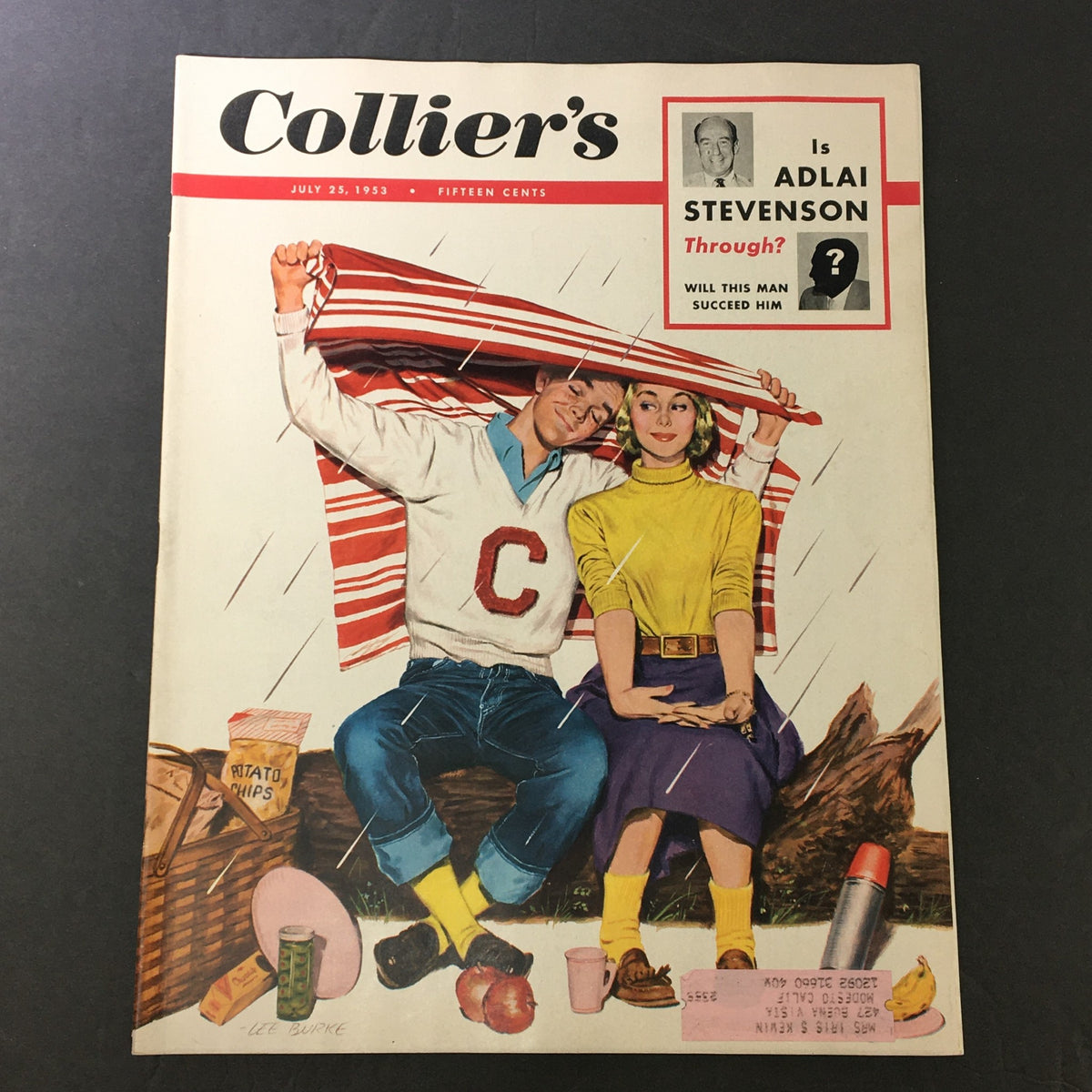 Cover of VTG Collier's Magazine July 25, 1953 featuring a couple under a striped umbrella, highlighting the theme 'That Good Old Mountain Justice' by Pappy Byrne.