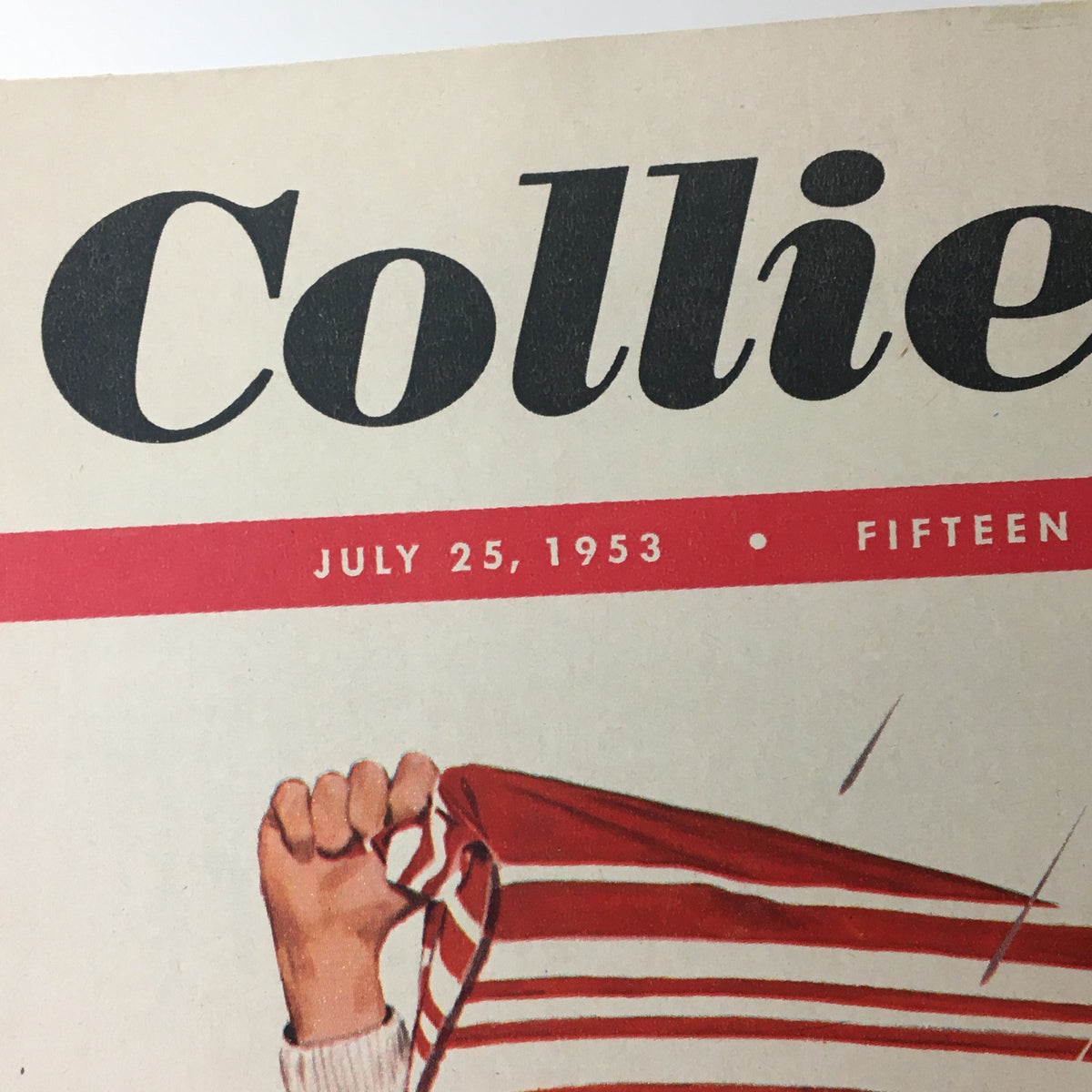 Close-up of the cover title of VTG Collier's Magazine July 25, 1953 showcasing the publication date and price with a distinctive font.