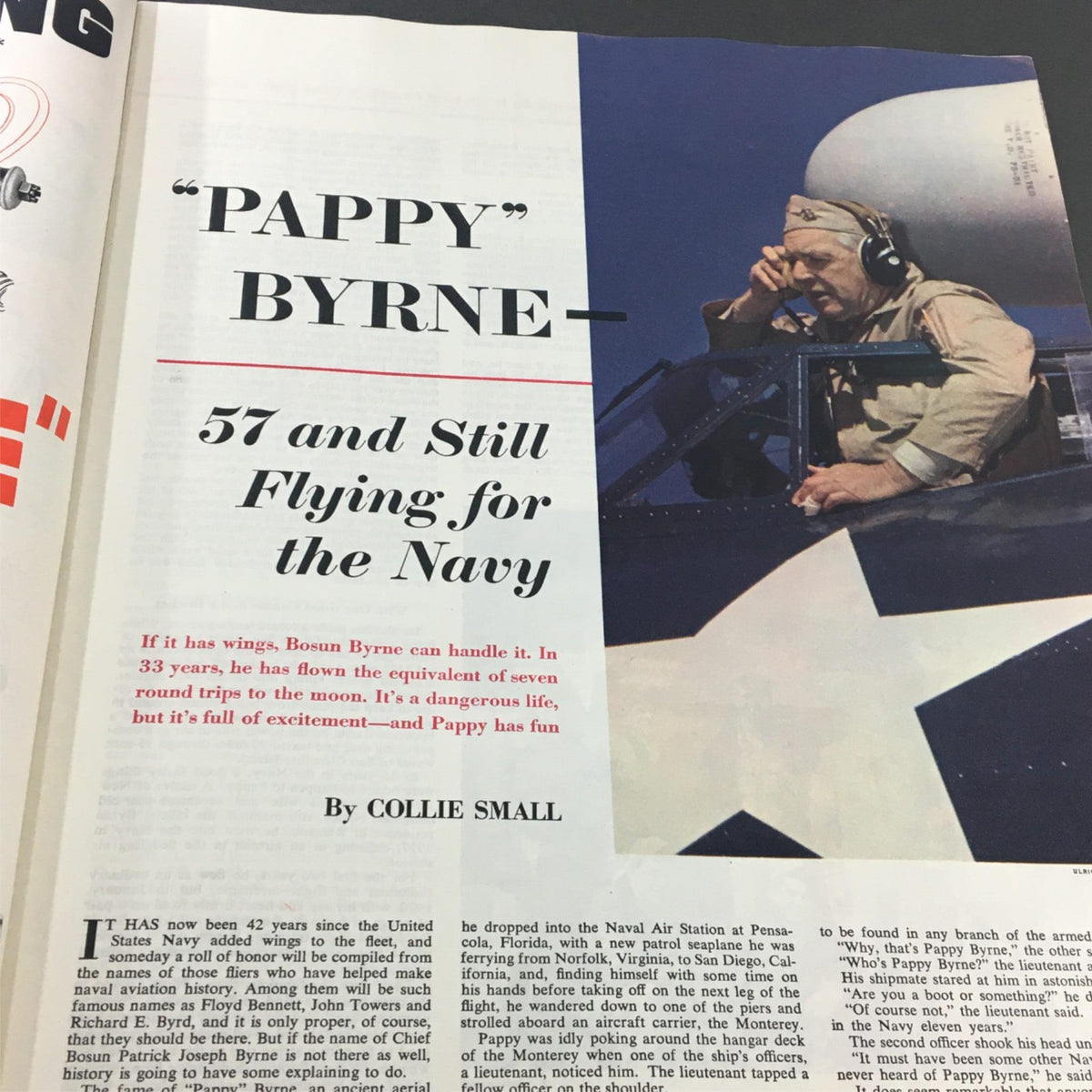 Article page featuring 'Pappy' Byrne in VTG Collier's Magazine July 25, 1953 discussing his experiences flying for the Navy.