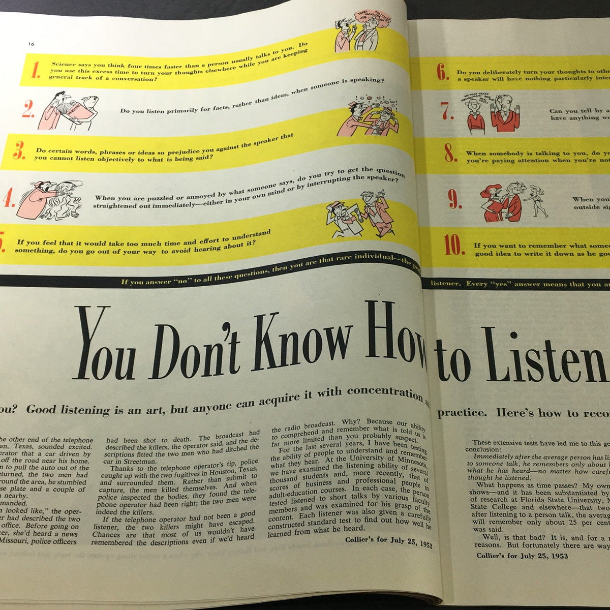 Collier's Magazine July 25 1953 article titled "You Don’t Know How to Listen" exploring the art of listening with engaging tips and illustrations.