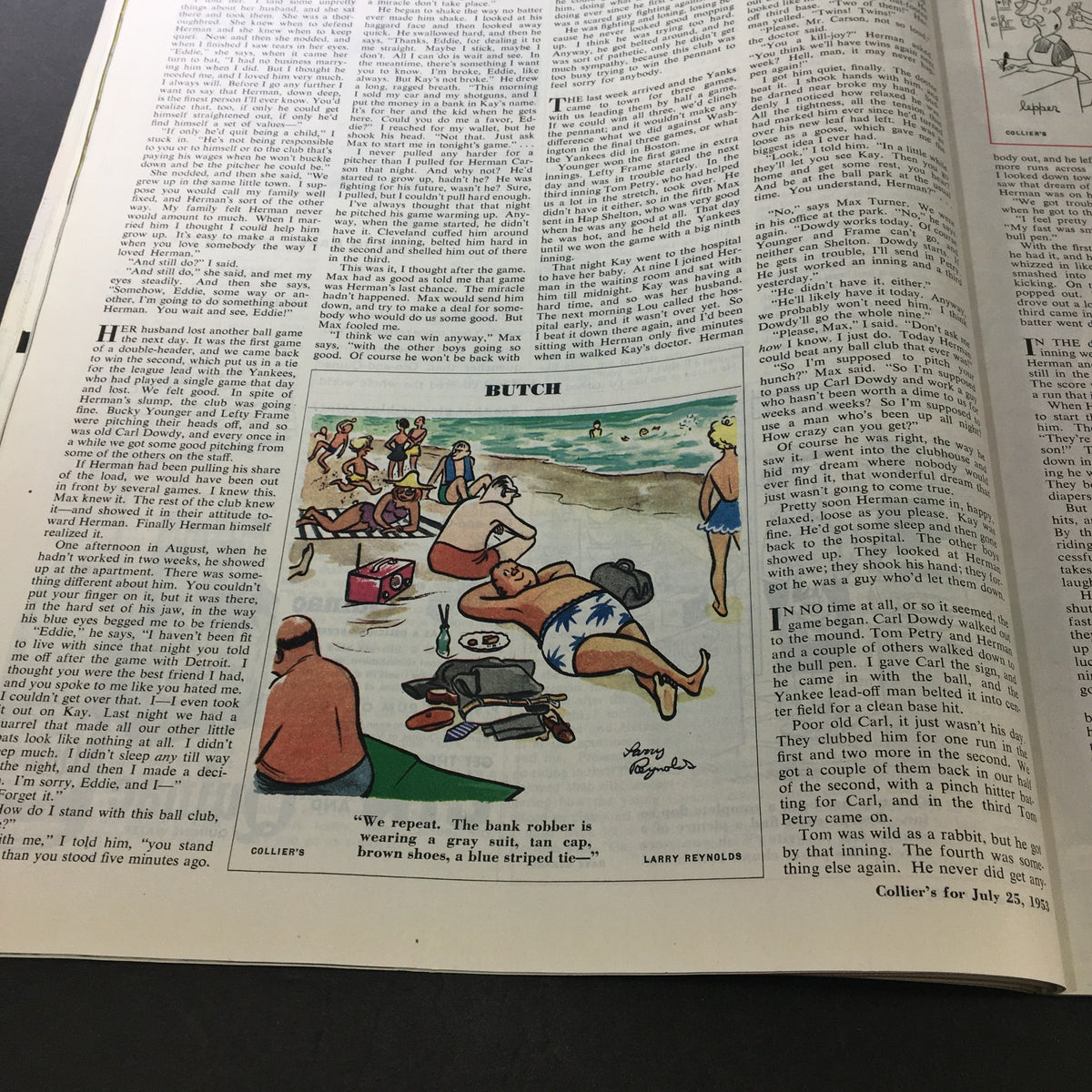 VTG Collier's Magazine July 25 1953 featuring a humorous cartoon titled 'Butch', depicting a calm beach scene with characters enjoying summer activities.
